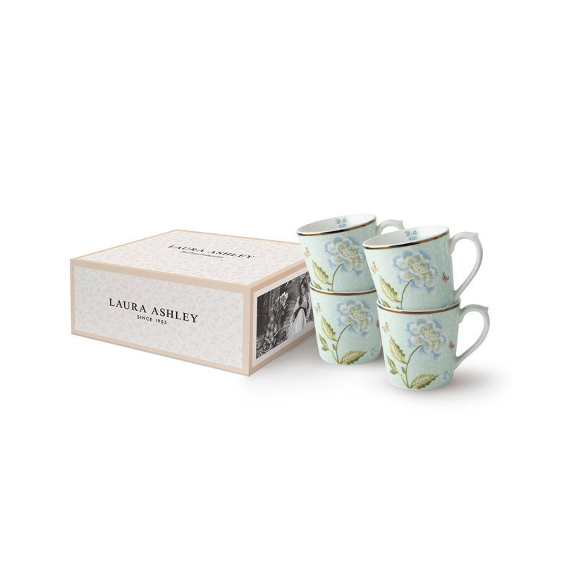 Set of 4 Mint Floral Ceramic 17 oz Mugs