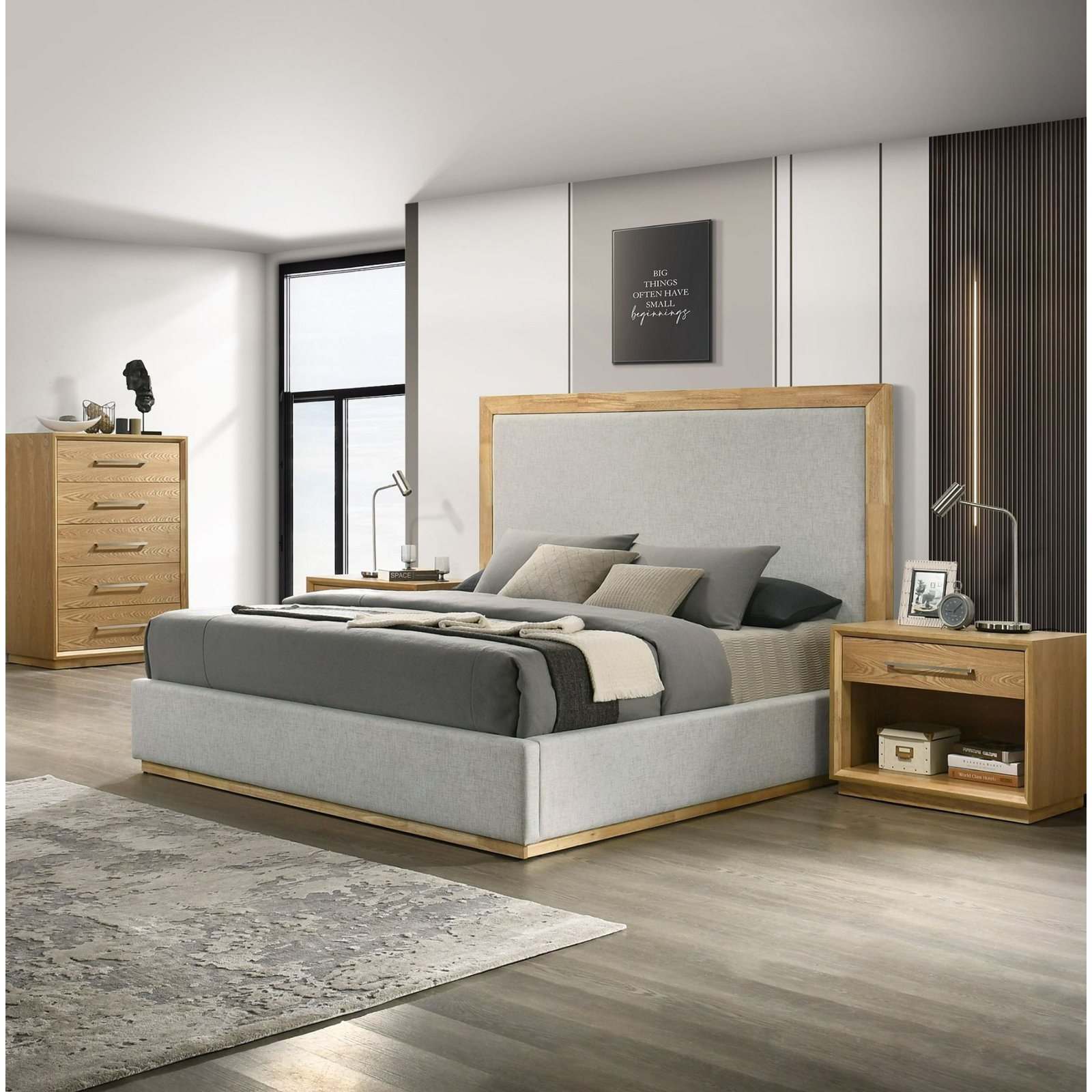 Reanna Upholstered Bed, King, Natural Wood/Gray
