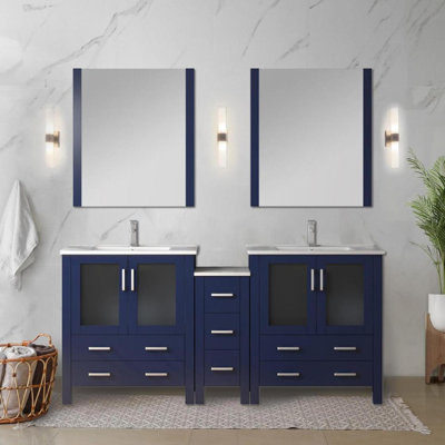 Meuble-lavabo double bleu marine 72 po X P 18,25 po D, avec armoire latérale et plateau en céramique blanche