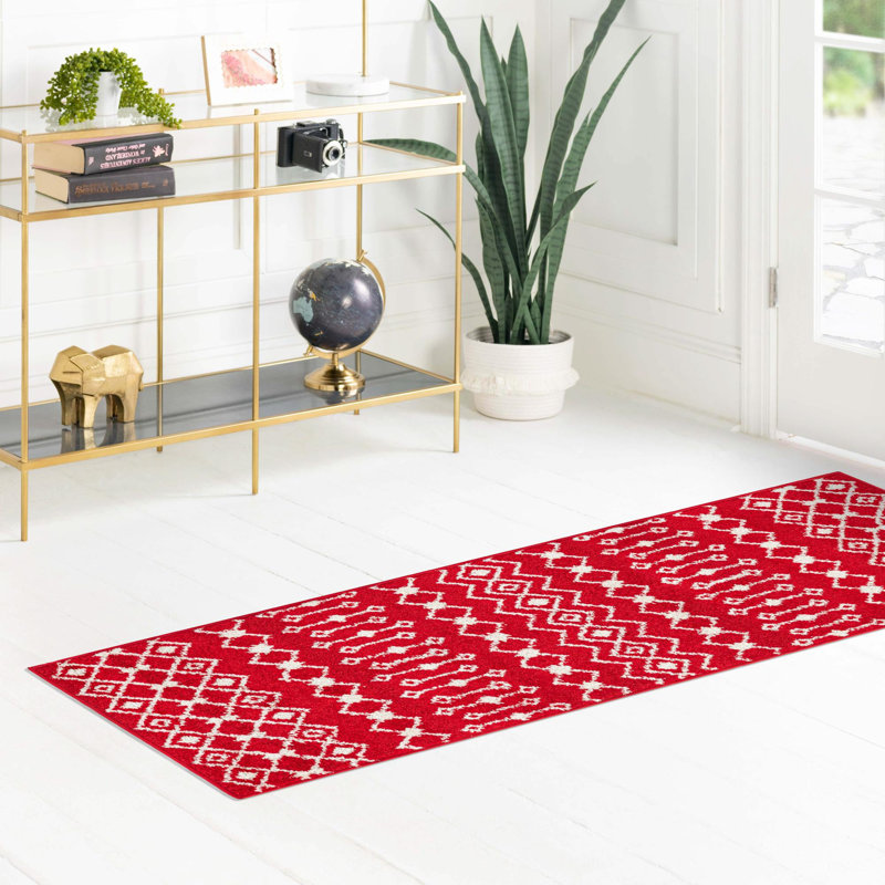Tapis géométrique en chenille / polyester tissé à la machine Briehn - rouge / blanc, Tapis de couloir de 2 pi x 7 pi