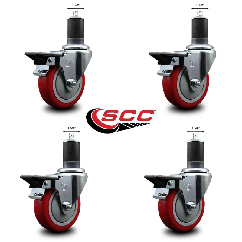 Ensemble de roulettes extensibles en poly pivotant avec frein SCC PLB 4 po x 1-5 / 8 po, Rouge
