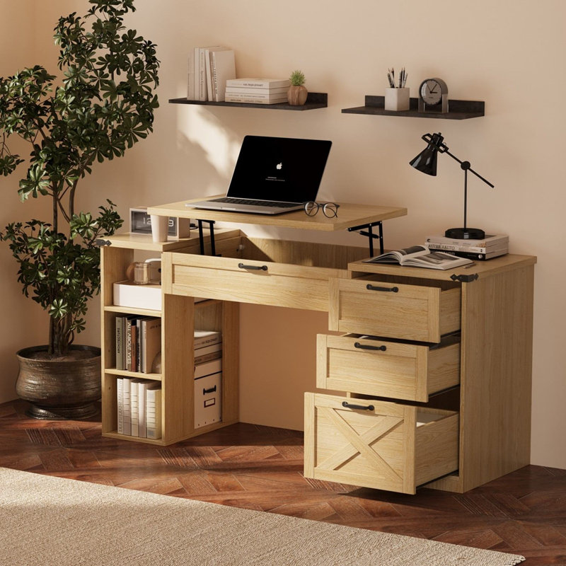 Rustic Wood Standing Desk with 3 Drawers & Open Storage Shelves, Adjustable Height, Home Office Computer Desk for Work, Study, Writing