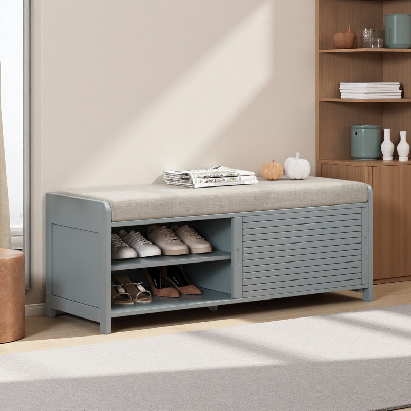 Shoe Bench With Storage And Cushion, Distressed Shutter Storage Bench With Retro Charm For Living Room, Gris