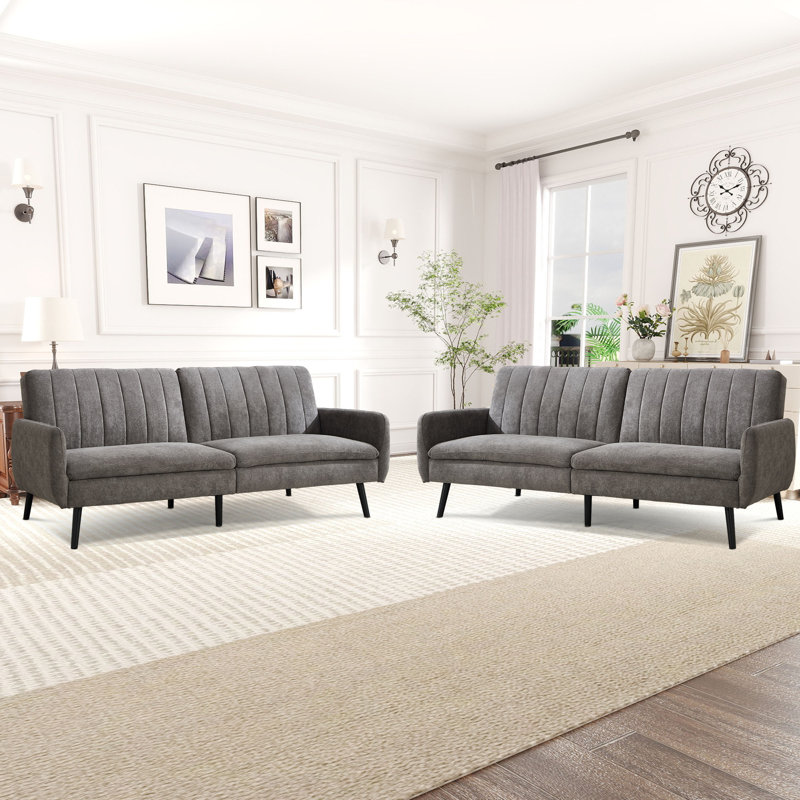 204cm Wide Contemporary And Super Soft Upholstered Sleeper Sofa With Convertible Backrest (Set of 2), Light Grey