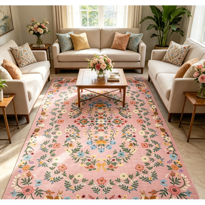 Tapis rétro taupe lavable pour l'intérieur, Pink, Rectangle 6' x 9'