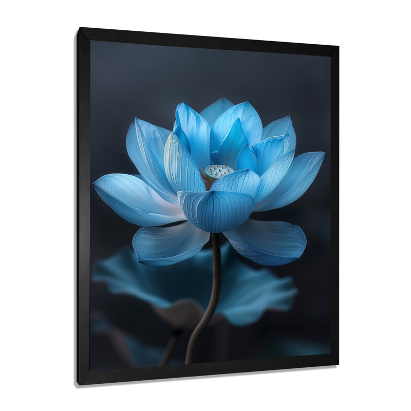 Bleu monochromes lotus rayonnants I - Lotus Wall Art Living Room, Cadre simple noir, H 16 po x l 32 po