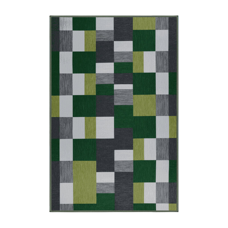 Machine Washable Checkered Green Area Rug, Runner 2' x 4'