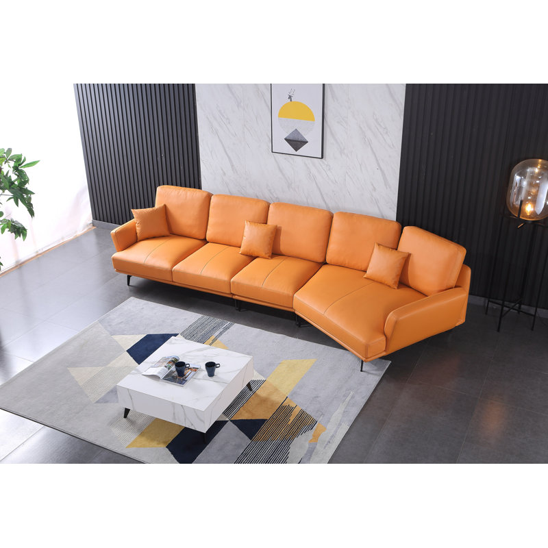 Putnam Upholstered Curved Sectional, Right Hand Facing, Orange Genuine Leather