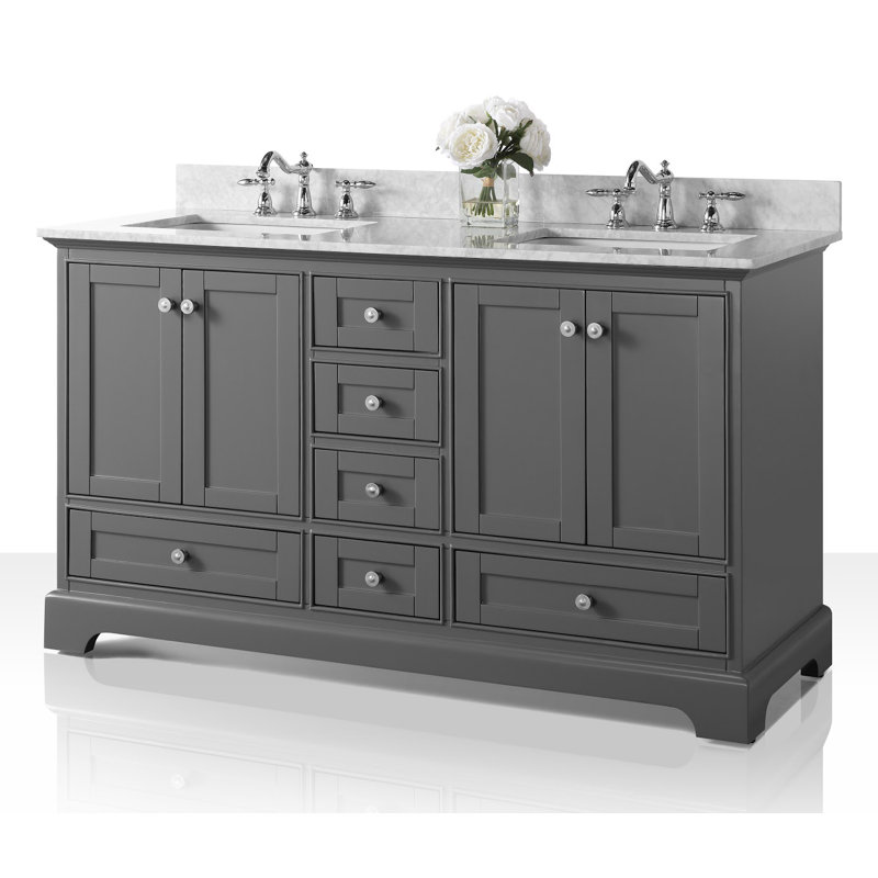 Audrey 60'' W Double Vanity, Carrara White, Brushed Nickel, Sapphire Gray