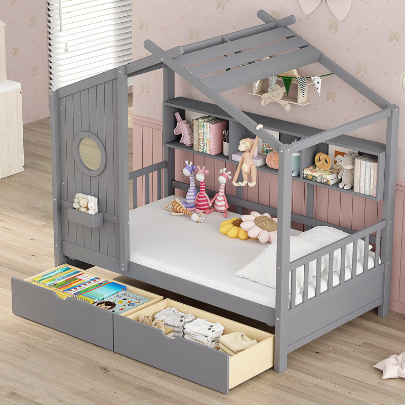 Lit simple en bois avec 2 tiroirs, lit pour enfant avec tablette de rangement, gris, Gris