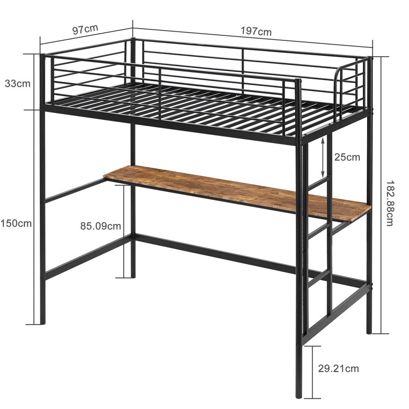 Single Size Loft Bed With Desk, High Sleeper Bedframe With Removable Ladder And Safety Guardrail, Sturdy Metal Slats Support