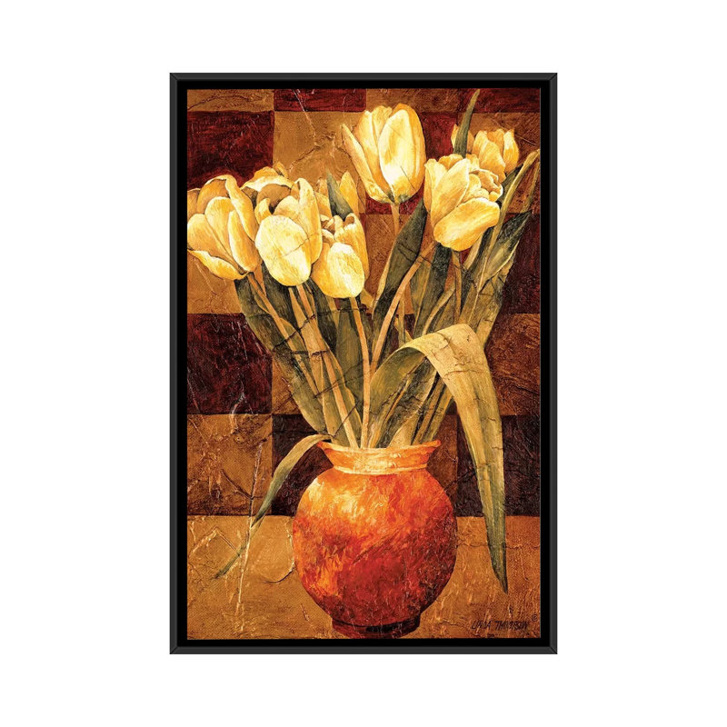 « checked tulipes i », impression sur toile, H 26 po x l 18 po x P 1,5 po, Toile avec cadre noir, Pas de tapis