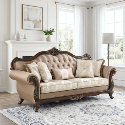Joplin 90.5" Traditional Dual Fabric Textured and Jacquard Living Room Sofa with Tufted Back, Nailhead Trim & 5 Decorative Pillows