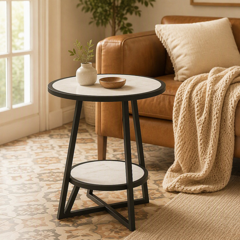 Table de bout avec plateau en marbre blanc et structure en métal noir