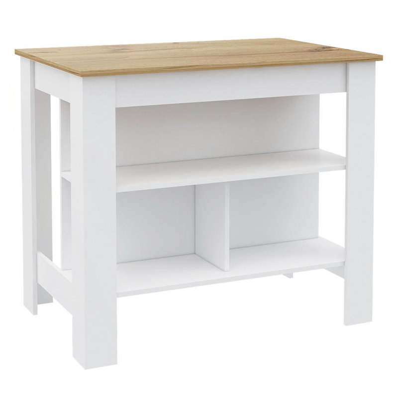 Kitchen Island, Kitchen Table 35" H, Four Legs, Three Open Storage  Shelves, Natural/White