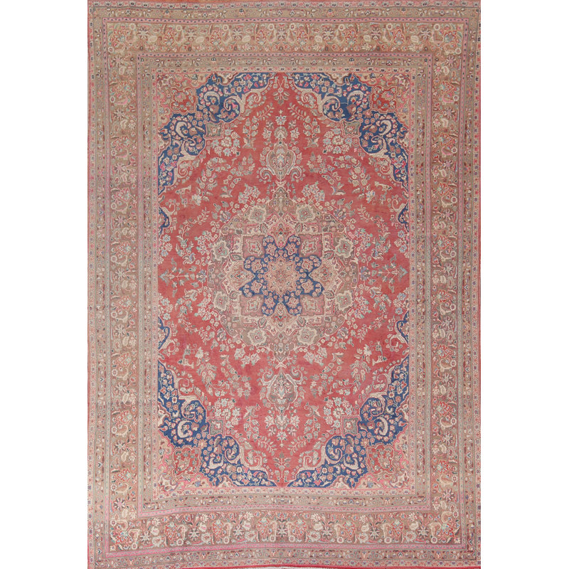 Tapis traditionnel rouge et rose à motif floral 9 x 13