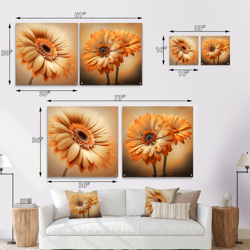 «Orange Gerbera Flower IV - Gerbera», ensemble de 2 peintures murales en acrylique, H 16 po x l 33 po