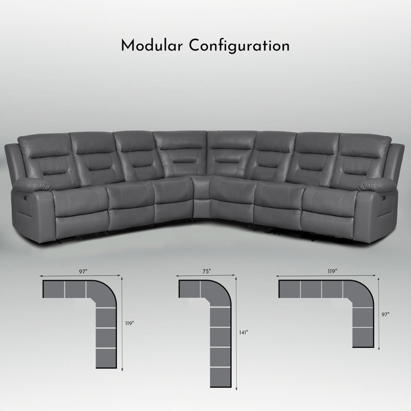 Ensemble de salon modulaire inclinable électrique modulaire en cuir synthétique de 97 à 119,5 po Kimblyn, Similicuir gris