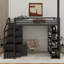 Lit mezzanine double en métal avec tablettes, armoires et garde-robe