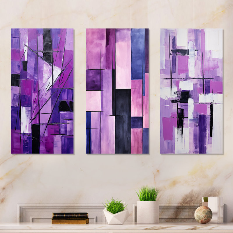 Ensemble de 3 décorations murales en métal Tachisme mauve Cubism Brush II - Tachisme, H 32 po x l 48 po