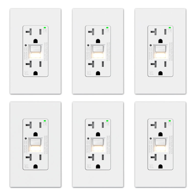 20 Amp 125V Duplex Tamper Resistant Self-Test GFCI Outlet With Night Light, With Screwless Wall Plate, UL Listed, (6-Pack)