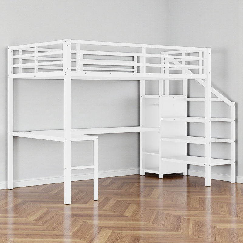 Metal Loft Bed With Built-In-Desk And Charging Station, White, Full