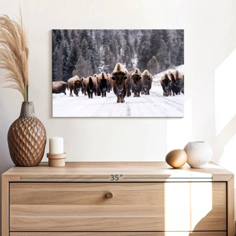 Bison Herd in Winter - reproduction d'art sur toile tendue, H 16 po x l 24 po x P 1,25 po