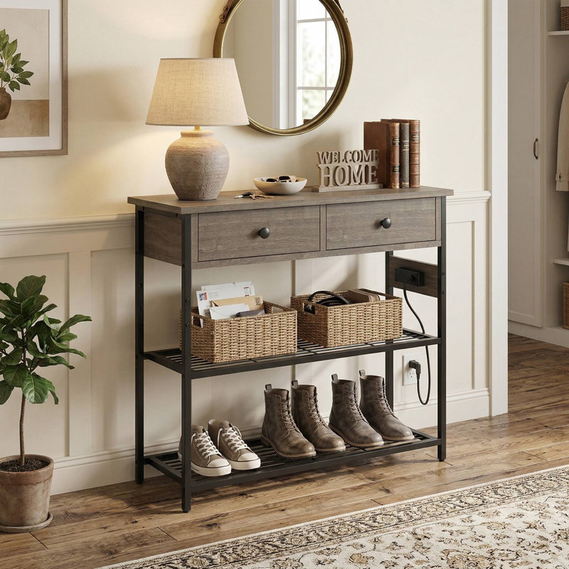Slim Hallway Console Table With 2 Drawers And 2 Metal Mesh Storage Shelves For Entryway Living Room Foyer, Gray
