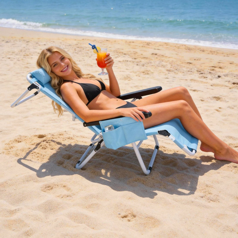 3 In 1 Tanning Chair With Face Hole, 350 Lbs Capacity, Portable Folding Beach Lounge With Cup Holder & Headrest, Blue