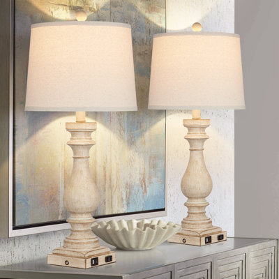 Table Lamps Resin White Vintage Oblique Shade USB Type-C Charging Ports(Set of 2)