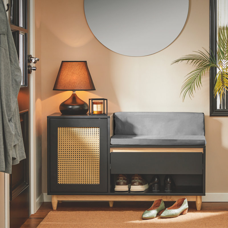 Alexzandar Polyester Upholstered Storage Bench, Black