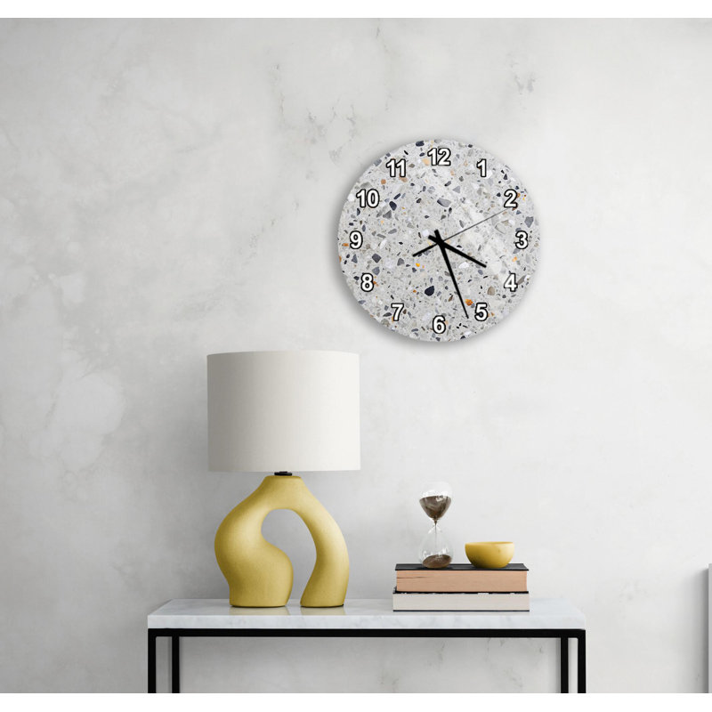 Horloge murale Terrazzo, motif de pierre moderne, montre ronde en verre trempé, décor de béton industriel gris, art mural de cuisine minimaliste