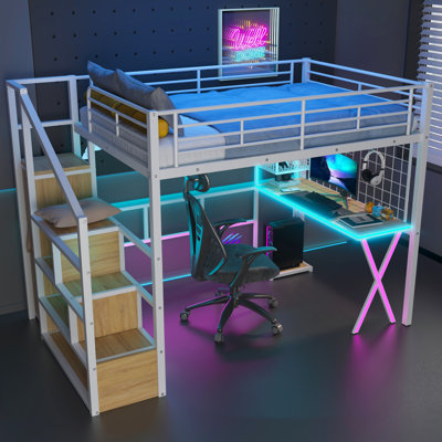 Lit mezzanine en métal avec bureau, rangement, DEL et garde-robe - Créez un poste de travail, une tablette, idéal pour les petites pièces