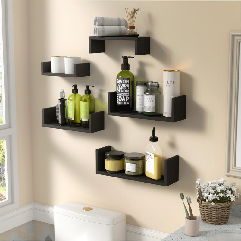 Wood Floating Wall Shelves Set of 5 Wall Mounted Storage Shelves for Bathroom Bedroom Living Room Kitchen Office Home Decor