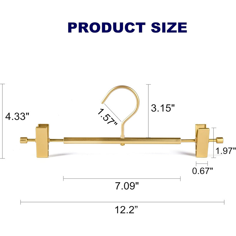 Paquet de 10 cintres pour pantalons en aluminium doré mat avec 2 pinces antidérapantes réglables