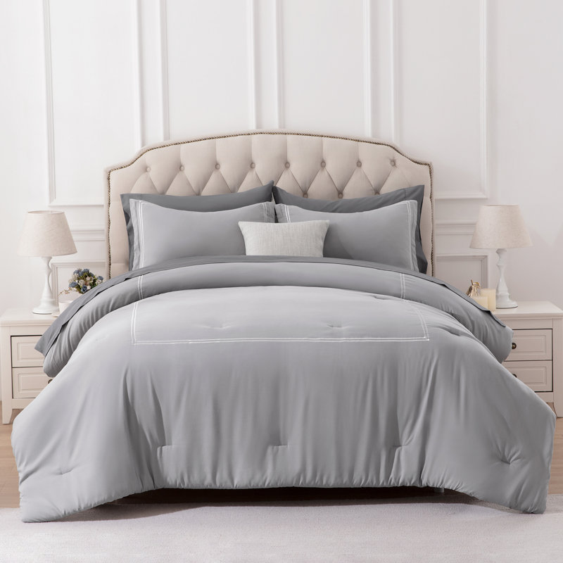 Comforter Set, King Comforter + 2 King Shams, Gray/White Striped
