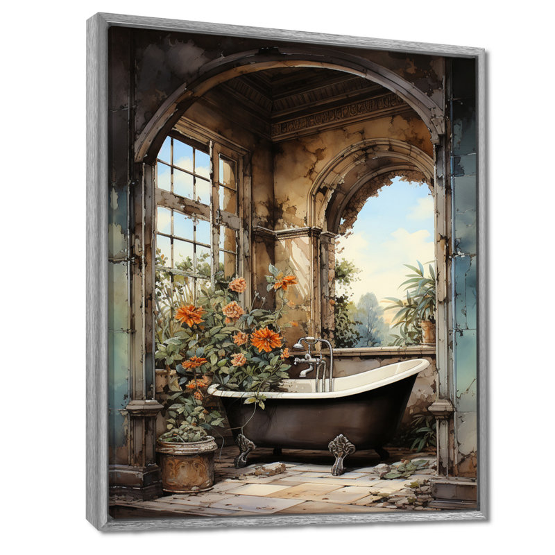 «Ceili Bathroom Vintage Tiles IV - Art mural de salle de bain», H 44 po x l 34 po, Encadrement argenté