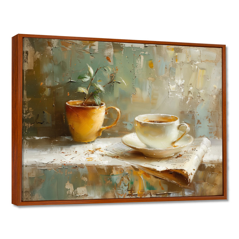 Tasse de café blanche et beige blanche - Art mural café, H 16 po x l 32 po, Cadre flottant brun