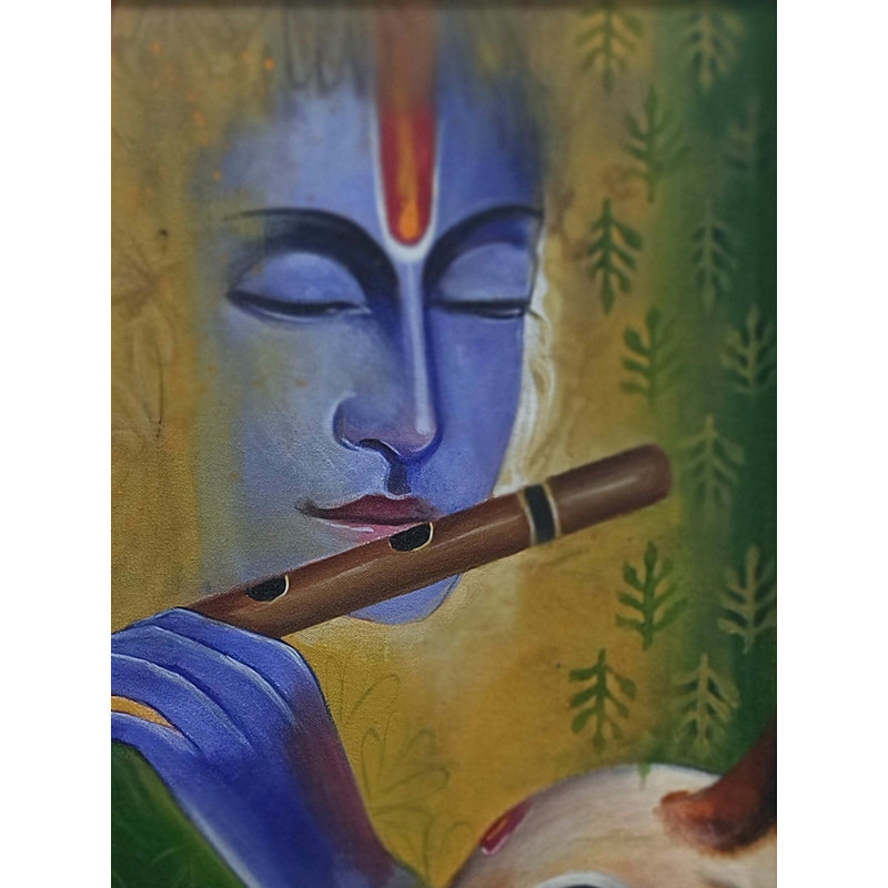 Divin Krishna avec des vaches | Acrylique sur toile | Par Tejal Modi | Avec cadre
