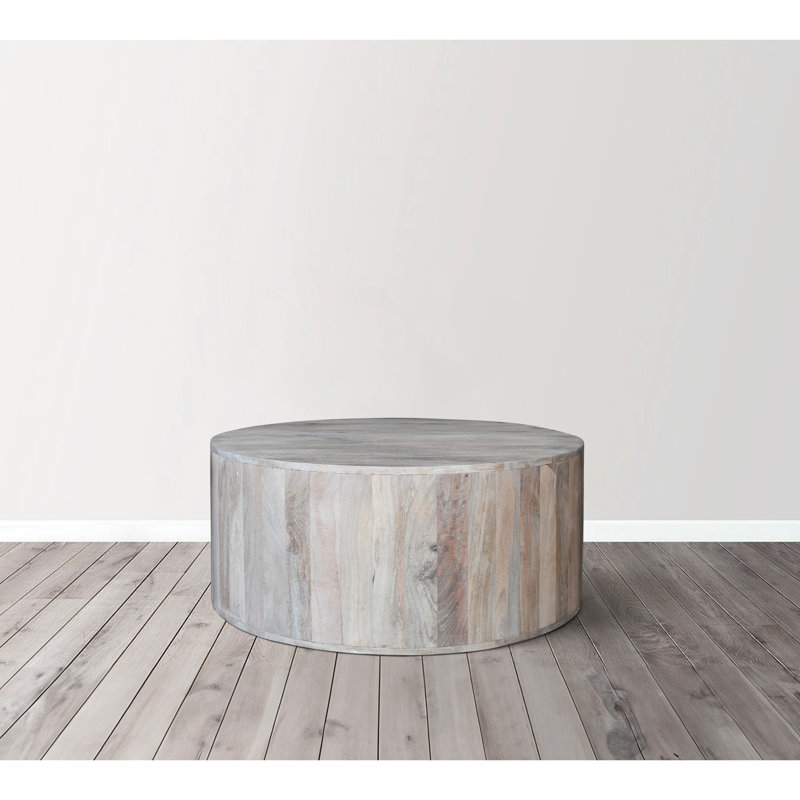 Brittie 36 Inch Coffee Table, Handcrafted Drum Shape, Washed White Mango Wood
