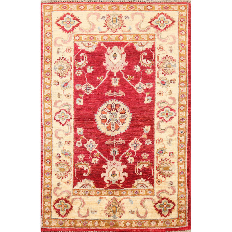 Tapis rouge en laine noué à la main de conception unique 2 pi 7 po x 3 pi 11 po Lucijana