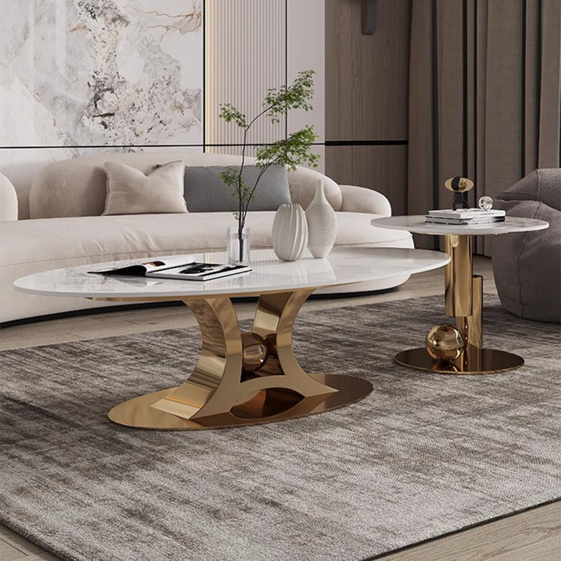 Italian minimalist oval rock table, Gold Titanium, Colorful