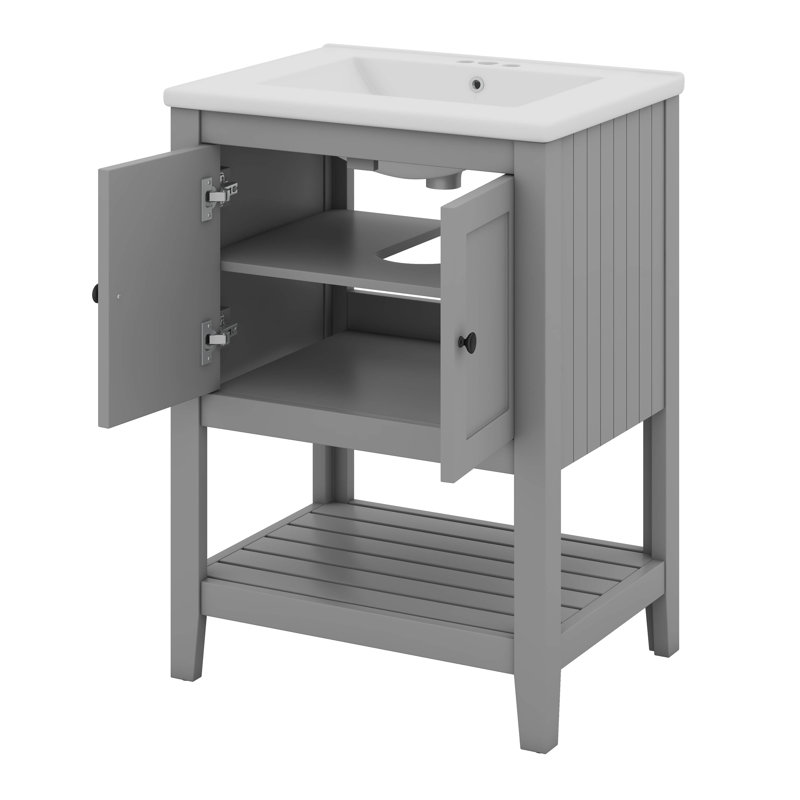 24"  Modern Sleek Bathroom Vanity Elegant Ceramic Sink With Open Style Shelf, Gray