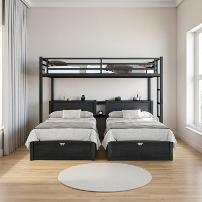 Full XL Over Twin & Twin Triple Bunk Bed With Drawers, Multi-Functional Metal Frame Bed, Bed Head With Shelving & USB