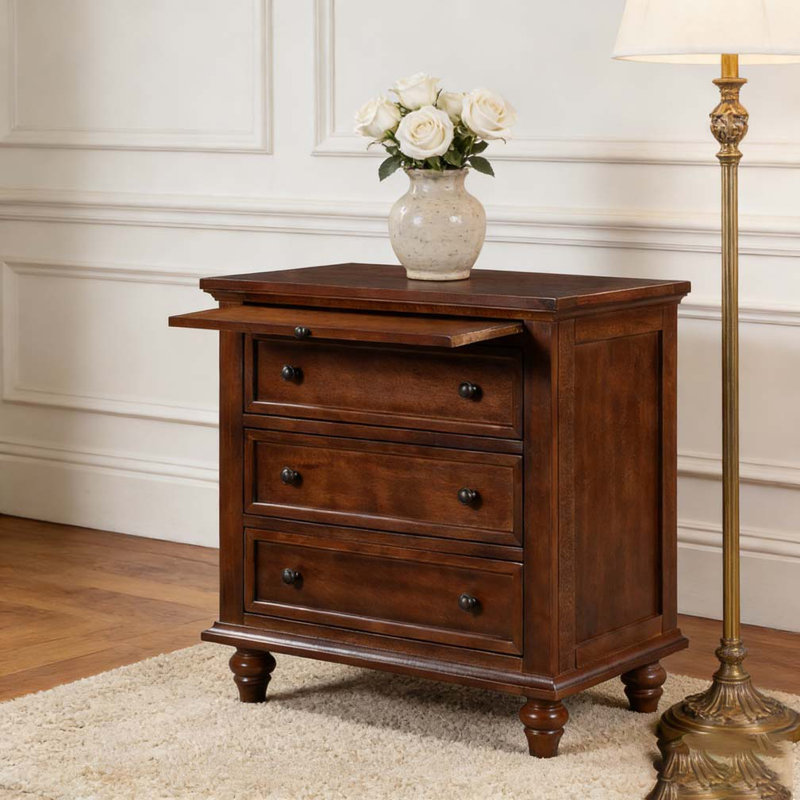 3-Drawer Storage Wood Cabinet, End Table with Pull out Tray, Brown