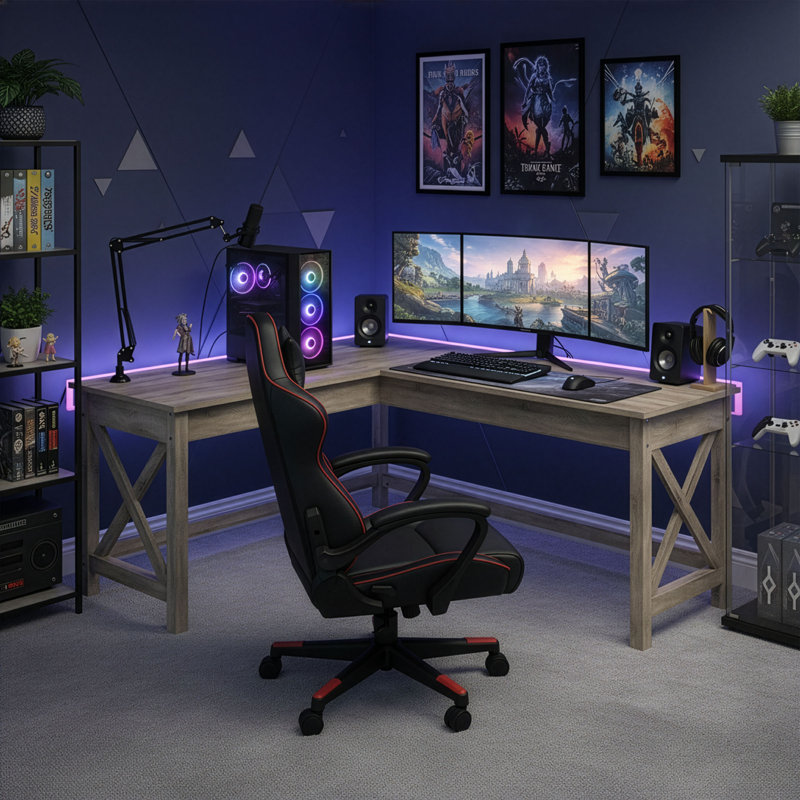 Bureau d'ordinateur en L avec pieds en X Lavish Home, gris clair, Gris clair