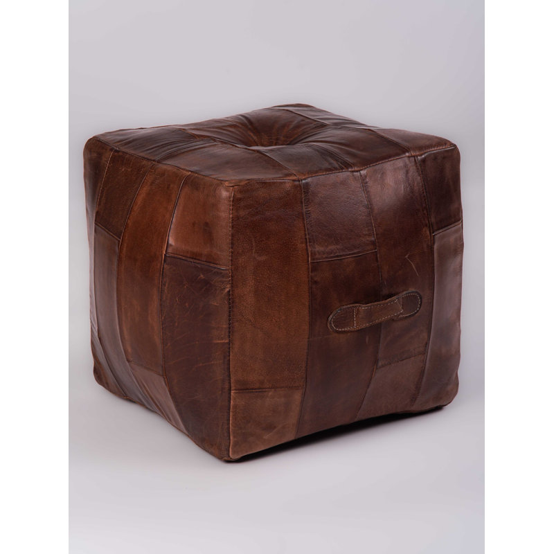 Solid Handmade Buffalo Leather Square Pouf (Recycled Foam With Fibre Fill), Brown Leather, 14" H x 14" W x 14" D