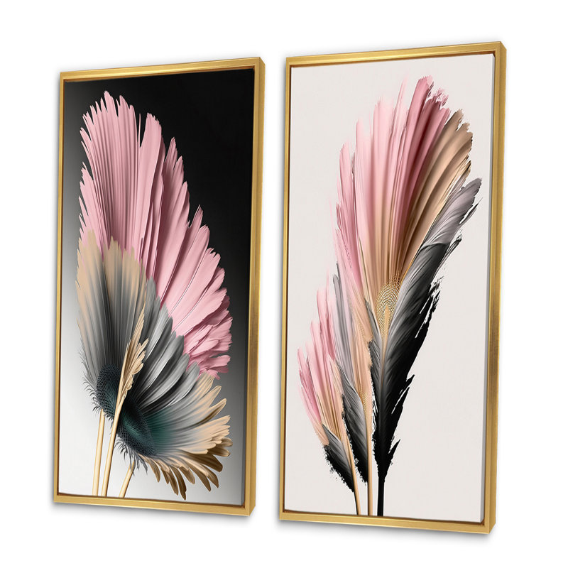 «Gerbera rose et beige fleurs hyperréalistes», 2 pièces sur toile, Encadrement doré, H 20 po x l 24 po