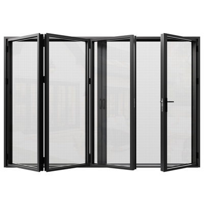 144” x 80"H Left Outswing Black Aluminum Folding Bifold Patio Door (3+1) With 𝗥𝗲𝘁𝗿𝗮𝗰𝘁𝗮𝗯𝗹𝗲 𝗦𝗰𝗿𝗲𝗲𝗻