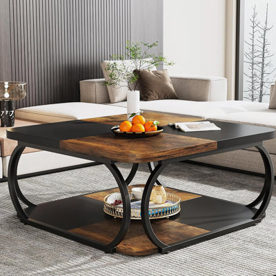 Table basse carrée de 39 po avec tablette de rangement à 2 niveaux de style campagne moderne, structure en métal robuste, brun rustique et noir, idéale pour le salon
